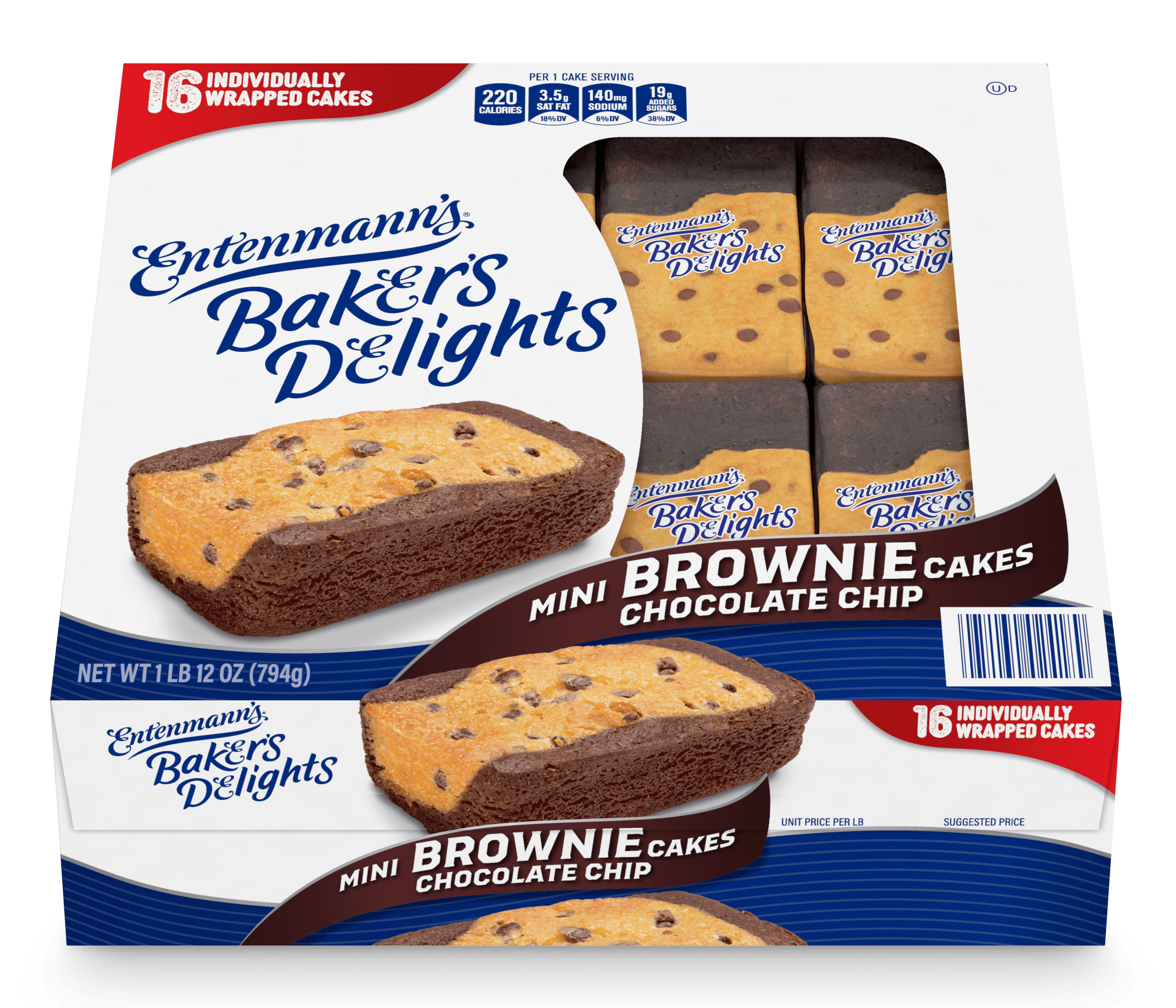 Entenmann's Baker's Delights Mini Brownie Chocolate Chip Cakes, 16 Count- Club Pack